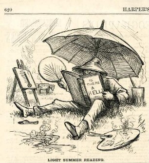 Light summer reading : ein Maler sitzt an einem heißen Tag unter einem Schirm in der Sonne und liest