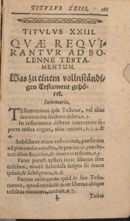 Titvlvs XXIII. Qvae Reqvirantvr Ad Solenne Testamentum. Was zu einem vollnständigen Testament gehöret.