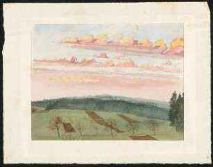 Skizze: Landschaft mit rosafarbenen Wolken im Hintergrund