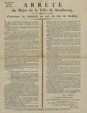Arrêté du maire de la ville de Strasbourg, du 16 Messidor an XI. Concernant les charretiers au port du bois de chauffage.