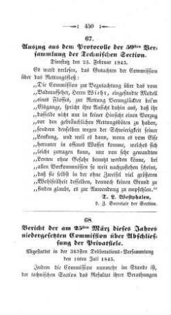 67. Auszug aus dem Protcolle der 59sten Versammlung der Technischen Section. : Dienstag, den 25. Februar 1845.