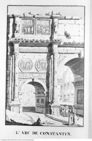 Les restes de l'ancienne Rome, recherchez avec soin , mesurez, dessinez sur les lieux, et gravez par feu Bonaventure d'Overbeke, ..., 2. Buch, Tafel b. 9.: L'Arc de Constantin.