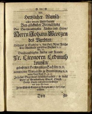 XIII. Herzlicher Wunsch aller treuen Unterthanen.