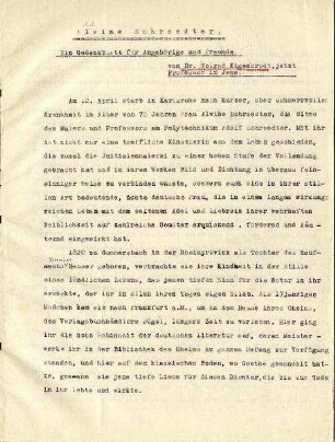"Alwine Schroedter. Ein Gedenkblatt für Angehörige und Freunde."