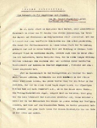 "Alwine Schroedter. Ein Gedenkblatt für Angehörige und Freunde."