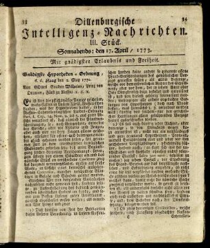 III. Stück. Sonnabends: den 17. April / 1773.