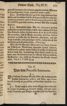 177-186, Tit. V. Von dem Processu Summario.; Tit. VI. Von dem Kläger, und dessen Libello actionis.
