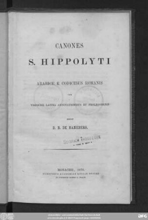 Canones S. Hippolyti arabice e codicibus Romanis cum versione latina annotationibus et prolegomenis
