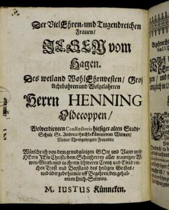 Der Viel Ehren- und Tugendreichen Frauen/ Ilsen vom Hagen [...]