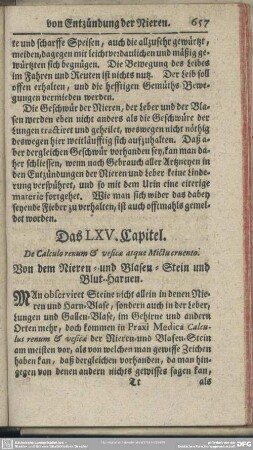 Das LXV. Capitel. Von den Nieren- und Blasen-Stein und Blut-Harnen
