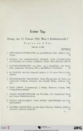 Erster Tag: Freitag, den 15. Februar 1935, Wien I, Reichsratsstraße 7, Beginn um 3 Uhr (Nr. 1-270)