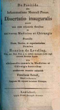 De psoitide, seu inflammatione musculi psoae : diss. inaug., unacum adiectis thesibus