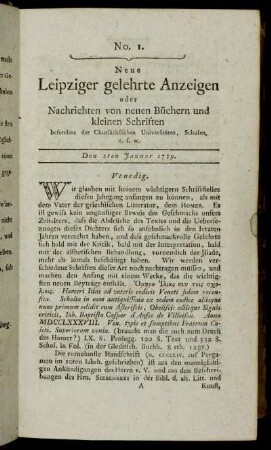 No. 1. Den 2ten Januar 1789.