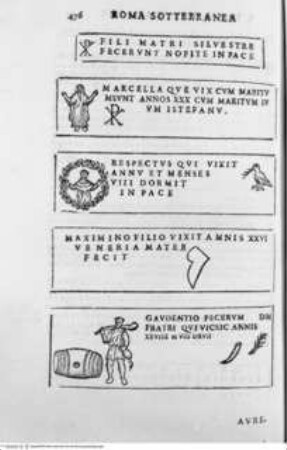 Roma sotterranea. Opera postuma di Antonio Bosio Romano, antiquario ecclesiastico singolare de' suoi tempi nella quale si tratta de' sacri cimiterii di Roma, del sito, forma, & uso antico di essi ... compita, disposta e accresciuta dal P. Giovanni Severani da S. Severino, Marmorgrabtafeln
