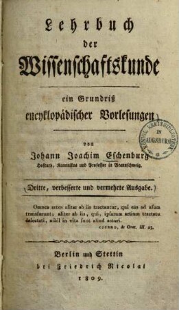 Lehrbuch der Wissenschaftskunde : ein Grundriß encyklopädischer Vorlesungen