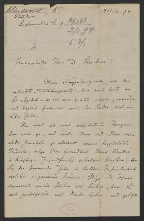 Brief an Ludwig Strecker  und B. Schott's Söhne : 31.12.1893