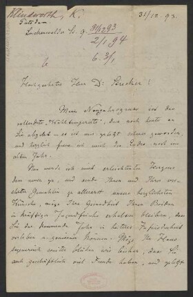 Brief an Ludwig Strecker <senior> und B. Schott's Söhne : 31.12.1893