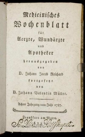 8: Medizinisches Wochenblatt, für Aerzte, Wundärzte, Apotheker und denkende Leser aus allen Ständen