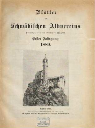 Blätter des Schwäbischen Albvereins. 1. 1889