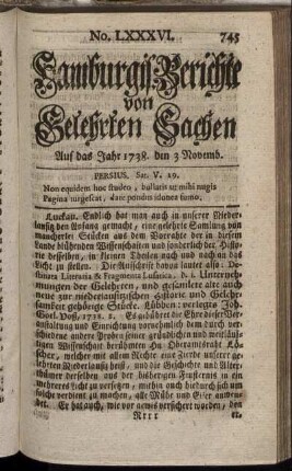 No. LXXXVI. Auf das Jahr 1738. den 3 Novembr. - No. XCIII. Auf das Jahr 1738. den 28 Novemb.