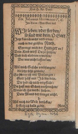 Dn. Johannis Heermanni P.C. || M. Josephi Clauderi, Senioris. || Jm Toôn: Von Gott wil || || ich nicht lassen/ [et]c. ||