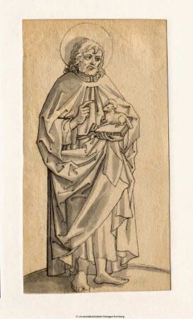 Johannes der Täufer, halb nach rechts, auf der Linken Buch und Lamm, die Rechte erhebend