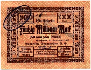 Geldschein / Notgeld, 50 Millionen Mark, 20.9.1923