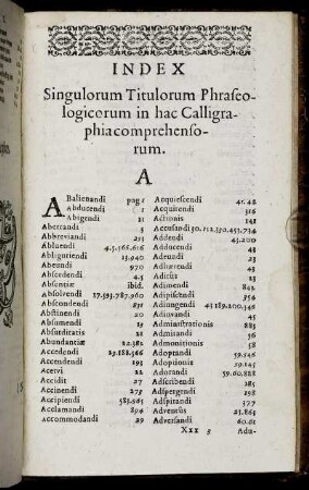 Index Singulorum Titulorum Phraseologicorum in hac Calligraphia comprehensorum.