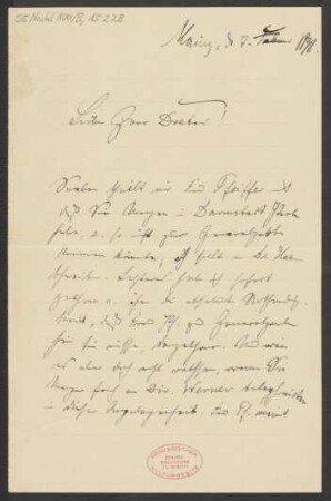 Brief an Ludwig Oppenheim und Mainzer Liedertafel und Damengesangverein : 07.02.1898