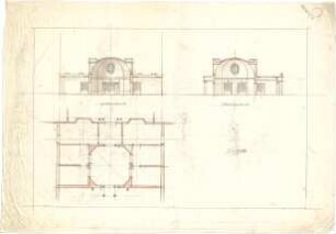 Pfann, Paul; München - Theresienhöhe; Ausstellung München 1908 - Teilgrundriss, Querschnitt, Längsschnitt