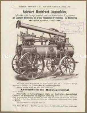 Landwirtschaftliche Maschinen der Ruston Proctor und Cie. in England