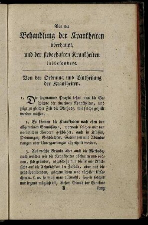 Von der Ordnung und Eintheilung der Krankheiten.