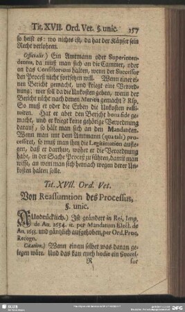Tit. XVII. Ord. Vet. Von Reassumtion des Processus