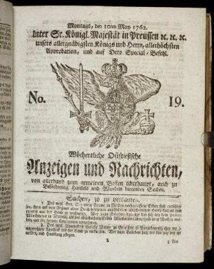 No. 19. Montags, den 10ten May 1762.