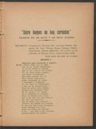 "Entre bueyes no hay cornadas" : Sainete en un acto y un solo cuadro