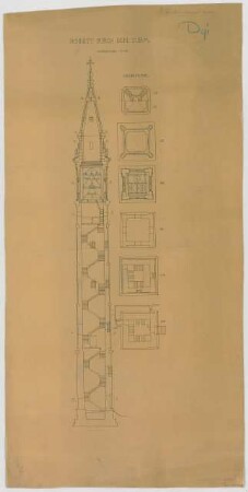 Thiersch, August ; München - Schwabing; Kath. Pfarrkirche St. Ursula - Turm (Grundrisse, Schnitt)