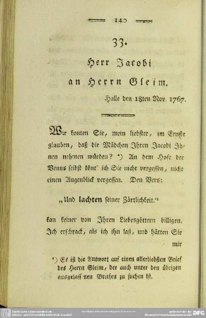 33. Herr Jacobi an Herrn Gleim. Halle den 18ten Nov. 1767