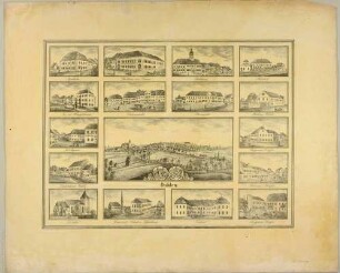 Bilderbogen mit einer großen Stadtansicht von Dahlen in Sachsen und 16 kleinen Ansichten von Kirche, Schloss, Rathaus und anderen wichtigen Gebäuden der Stadt