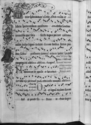 Antiphonarium (Benediktinerhandschrift) — Textseite mit Zierinitiale und figürlichen Darstellungen in der Bordüre, Folio 253verso