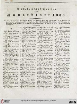 Alphabetisches Register zum Kunstblatt 1833