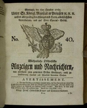 No. 40. Montags, den 6ten October 1760.