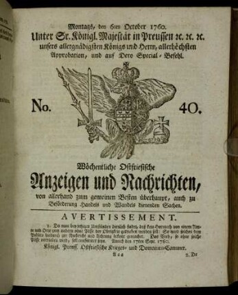 No. 40. Montags, den 6ten October 1760.