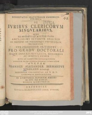 Dissertatio Inavgvralis Canonico-Ivridica De Ivribus Clericorvm Singvlaribvs