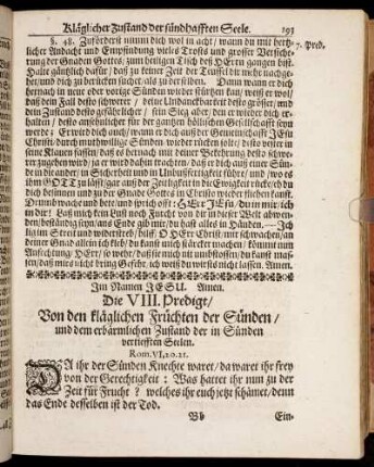 Die VIII. Predigt/ Von den kläglichen Früchten der Sünden/ und dem erbärmlichen Zustand der in Sünden vertiefften Seelen.
