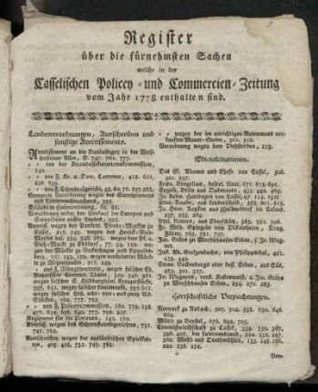 Register ueber die fuernehmsten Sachen welche in der Casselischen Policey- und Commercien-Zeitung vom Jahr 1778 enthalten sind