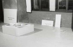 category: painting (3 Glasscheiben). category: poster (Anzahl variabel). category: design (1 Möbelstück, Buchauswahl) : Raumaufnahme mit "body of work: the ideal exhibition (Rauminstallation)" von T. Schulz (2001)