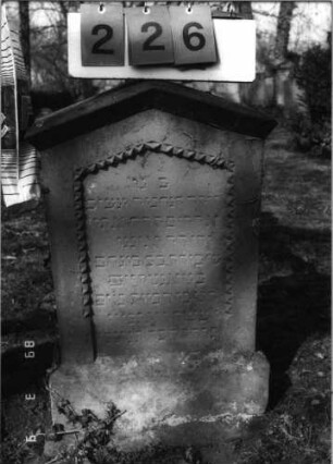 Grabstein 226 (Index: 100100353) Maße HxBxT: 76x44x13 cm Symbolik: Verzierungen, Mohnkapseln Besonderheit: Kindergrab: Grabstein 226
