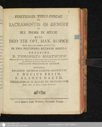 Positiones Theologicae De Sacramentis In Genere Et Sex Primis In Specie