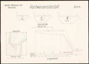 Talsperre für den Hahnenbach bei Kirn Schinkelwettbewerb 1935: Hochwasserüberfall: Querschnitte 1:100, Lageplan 1:2500, Längsschnitt 1:1000 (Längen), 1:300 (Höhen)