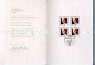 Schmuckblatt mit Sonderbriefmarken und Sonderstempel zum 100. Geburtstag von Kurt Georg Kiesinger